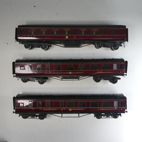 40 - Three Exley ‘0’ gauge LMS 3rd Class Corridor End Brake Coaches, maroon with yellow lettering, No.110... 