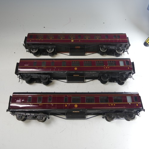 40 - Three Exley ‘0’ gauge LMS 3rd Class Corridor End Brake Coaches, maroon with yellow lettering, No.110... 