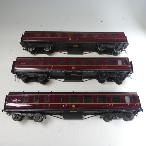 40 - Three Exley ‘0’ gauge LMS 3rd Class Corridor End Brake Coaches, maroon with yellow lettering, No.110... 