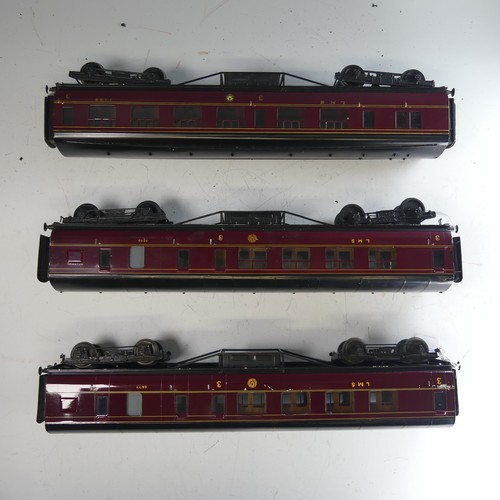 40 - Three Exley ‘0’ gauge LMS 3rd Class Corridor End Brake Coaches, maroon with yellow lettering, No.110... 