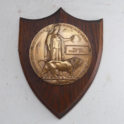 222 - A WW1 Devonshire memorial Plaque 'Death Penny', awarded to the family of 'William Ernest Wynn', moun... 