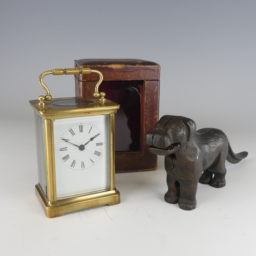 382 - An early 20th century carriage Clock, in fitted leather case, the white enamel dial with Roman numer... 