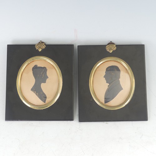 442 - Pair of Victorian silhouette portraits, 'Thomas Oldham' and 'Mary Ann Oldham', painted on card, bron... 