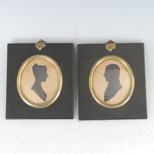 442 - Pair of Victorian silhouette portraits, 'Thomas Oldham' and 'Mary Ann Oldham', painted on card, bron... 