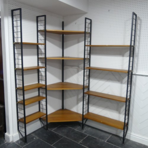 398 - A mid 20th century teak Ladderax corner shelving System / Unit, comprising of four black metal ladde... 