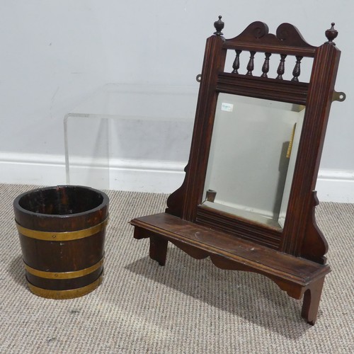 447 - A small antique brass bound oak Bucket / Jardinière, H 20 cm, together with a small mahogany wall to... 