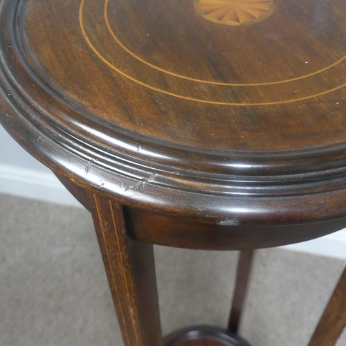 450 - An Edwardian mahogany and inlaid Plant Stand, of circular form, H 99 cm, together with a woven magaz... 