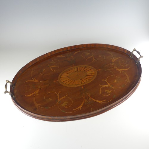 453 - An Edwardian mahogany and marquetry galleried twin-handled Tray, the gallery of chequerboard boxwood... 