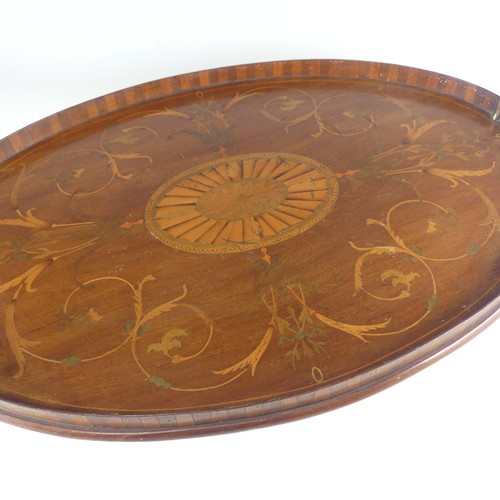 453 - An Edwardian mahogany and marquetry galleried twin-handled Tray, the gallery of chequerboard boxwood... 