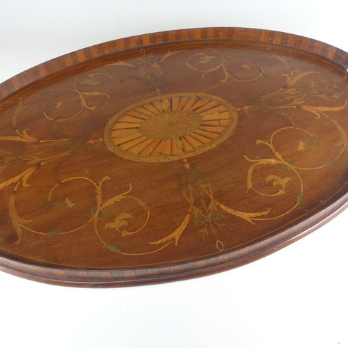 453 - An Edwardian mahogany and marquetry galleried twin-handled Tray, the gallery of chequerboard boxwood... 