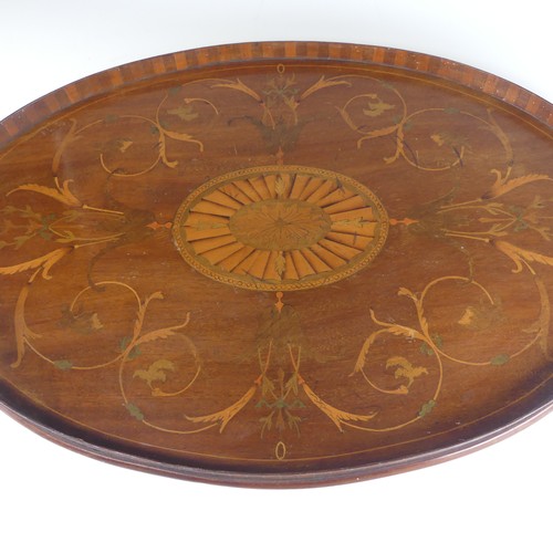 453 - An Edwardian mahogany and marquetry galleried twin-handled Tray, the gallery of chequerboard boxwood... 