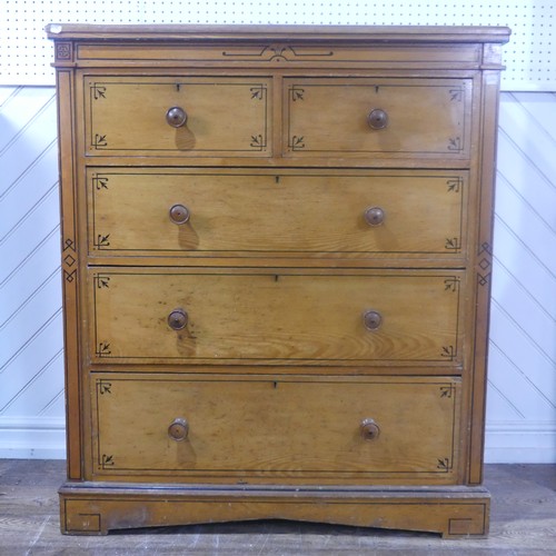 454 - A large Aesthetic Movement pine and oak Chest of drawers, with black painted stringing and geometric... 