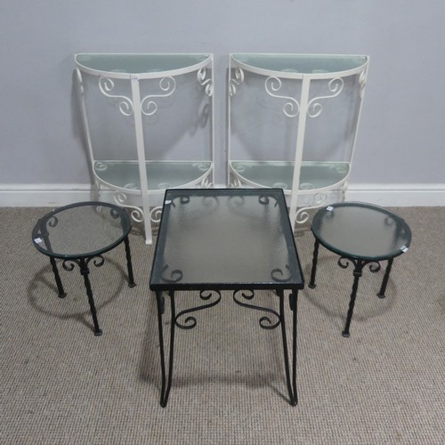 468 - A pair of painted metal demi-lune conservatory Plant stands, with glass tops, together with three ot... 