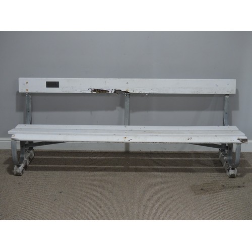 Cricketing interest: An 'M.C.C' Lords Cricket Ground Bench, with a 'From Lords Cricket Grounds' label, the W 184 cm x H 70 cm x D 46 cm. Provenance: the vendor's late father was a member of the MCC and purchased this bench when the ground was updating its facilities.