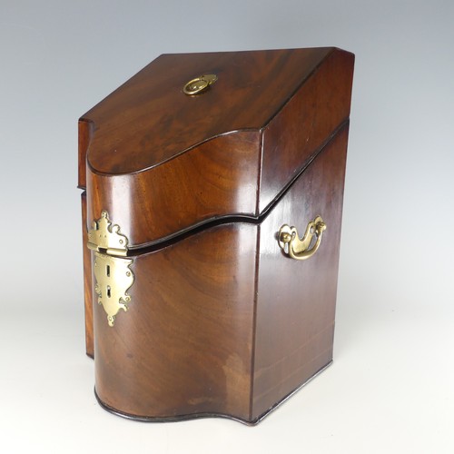 490 - A Georgian mahogany serpentine front Knife Box, brass carrying handles to either side, with fitted a... 