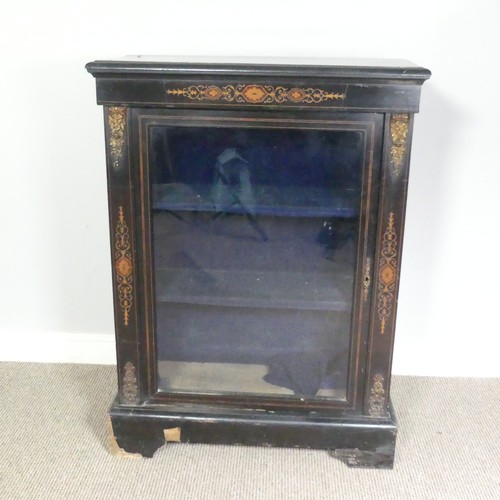 493 - A Victorian ebonised and marquetry glazed Pier Cabinet, top over inlaid frieze and glazed cupboard d... 