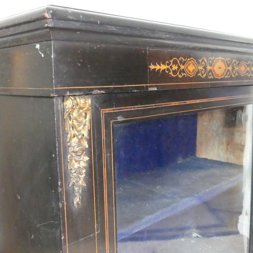 493 - A Victorian ebonised and marquetry glazed Pier Cabinet, top over inlaid frieze and glazed cupboard d... 