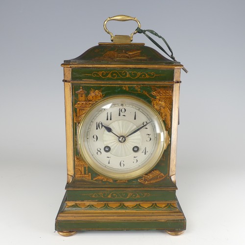 385 - An early 20th century green Chinoiserie mantel Clock, silvered dial with Arabic numerals, raised on ... 