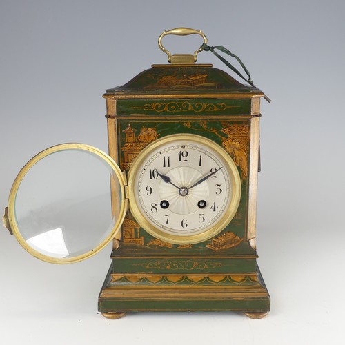 385 - An early 20th century green Chinoiserie mantel Clock, silvered dial with Arabic numerals, raised on ... 