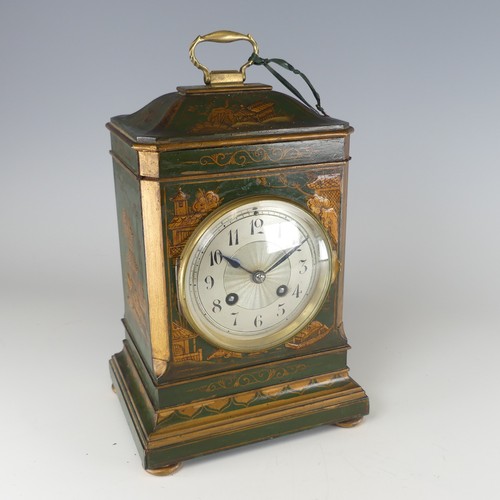 385 - An early 20th century green Chinoiserie mantel Clock, silvered dial with Arabic numerals, raised on ... 