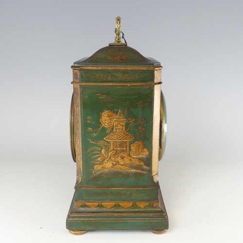 385 - An early 20th century green Chinoiserie mantel Clock, silvered dial with Arabic numerals, raised on ... 