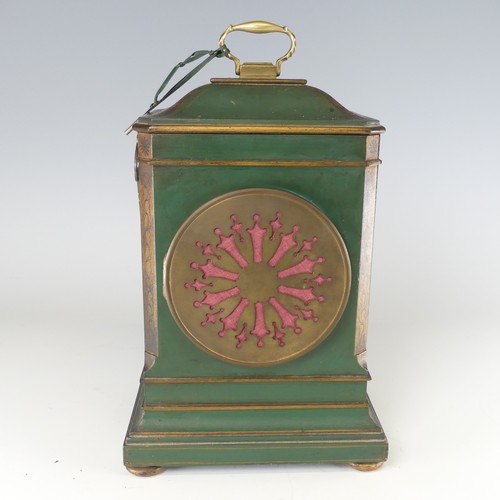 385 - An early 20th century green Chinoiserie mantel Clock, silvered dial with Arabic numerals, raised on ... 