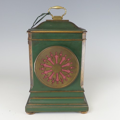 385 - An early 20th century green Chinoiserie mantel Clock, silvered dial with Arabic numerals, raised on ... 