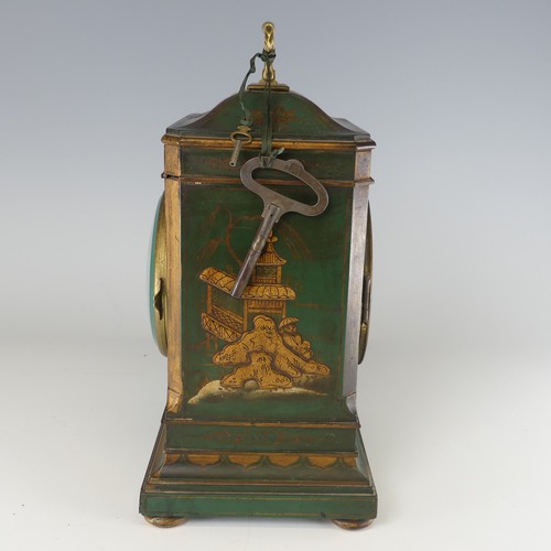 385 - An early 20th century green Chinoiserie mantel Clock, silvered dial with Arabic numerals, raised on ... 