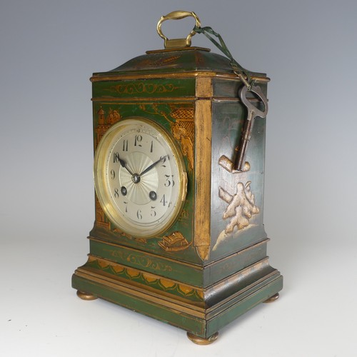 385 - An early 20th century green Chinoiserie mantel Clock, silvered dial with Arabic numerals, raised on ... 