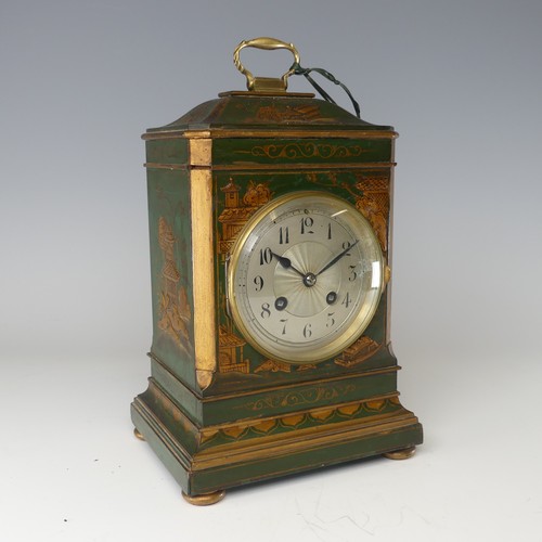 385 - An early 20th century green Chinoiserie mantel Clock, silvered dial with Arabic numerals, raised on ... 