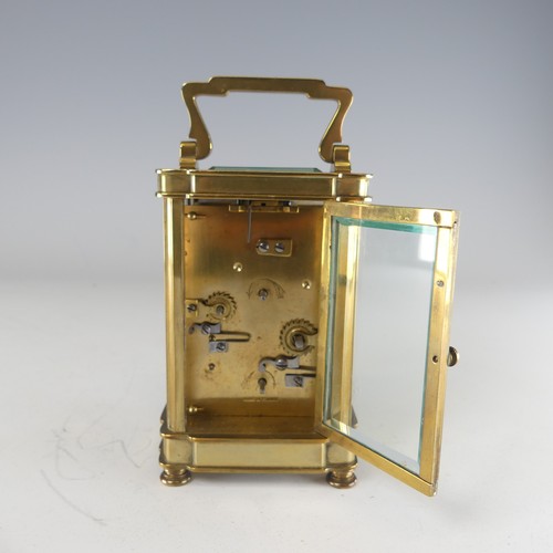 387 - A 20th century French alarm carriage Clock, enamelled white dial with Roman numerals and subsidiarie... 