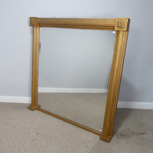 520 - A large gilt overmantle hall wall Mirror, of square proportions, reeded column supports, W 134 cm x ... 