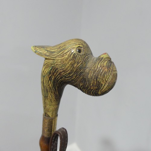 524 - A vintage novelty style Shoehorn, top in the form of a dog, together with a quantity of walking stic... 