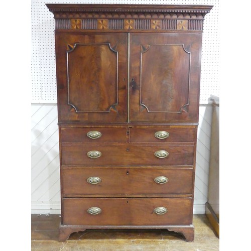 526 - A Georgian mahogany secretaire Cabinet on Chest, carved geometric cornice with marquetry inlaid circ... 