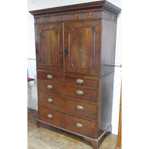 526 - A Georgian mahogany secretaire Cabinet on Chest, carved geometric cornice with marquetry inlaid circ... 