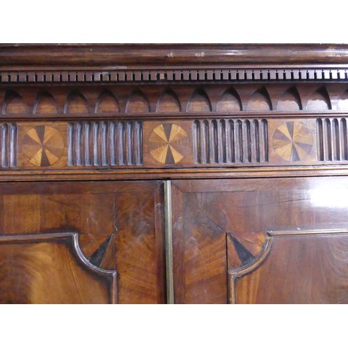 526 - A Georgian mahogany secretaire Cabinet on Chest, carved geometric cornice with marquetry inlaid circ... 