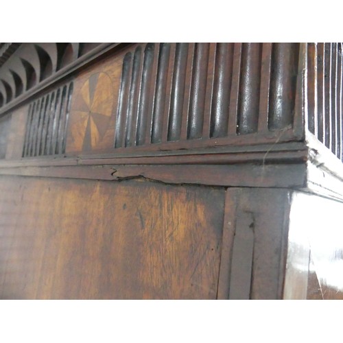 526 - A Georgian mahogany secretaire Cabinet on Chest, carved geometric cornice with marquetry inlaid circ... 