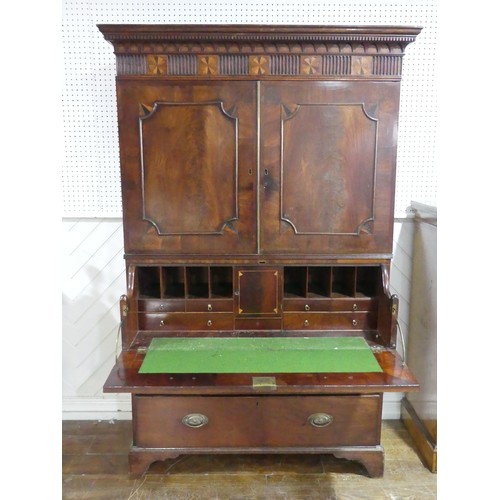 526 - A Georgian mahogany secretaire Cabinet on Chest, carved geometric cornice with marquetry inlaid circ... 