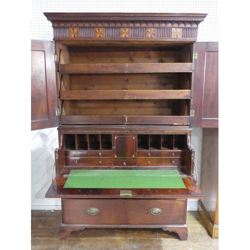 526 - A Georgian mahogany secretaire Cabinet on Chest, carved geometric cornice with marquetry inlaid circ... 