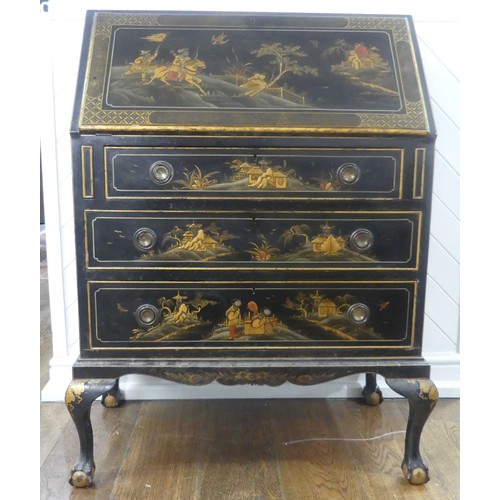 547 - An early 20th century Chinoiserie Bureau, black lacquered and gilt painted decorations, sloped fall ... 