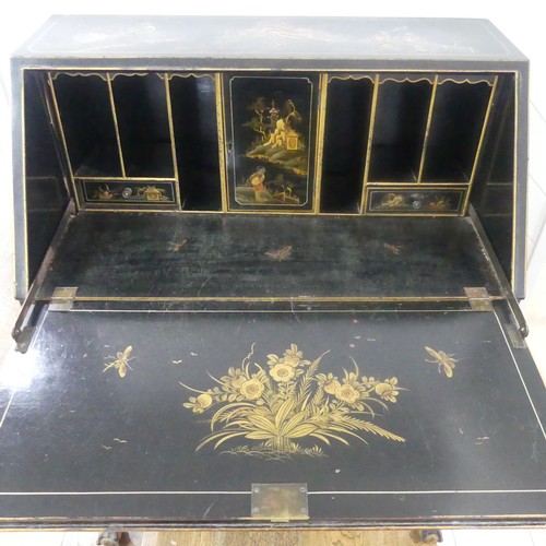 547 - An early 20th century Chinoiserie Bureau, black lacquered and gilt painted decorations, sloped fall ... 