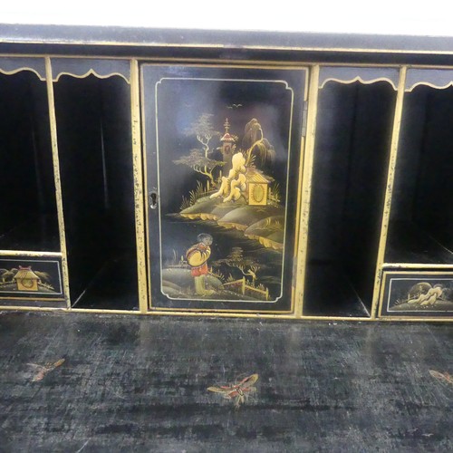 547 - An early 20th century Chinoiserie Bureau, black lacquered and gilt painted decorations, sloped fall ... 