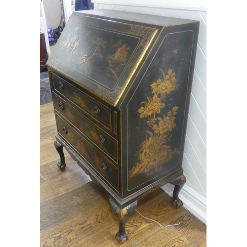 547 - An early 20th century Chinoiserie Bureau, black lacquered and gilt painted decorations, sloped fall ... 