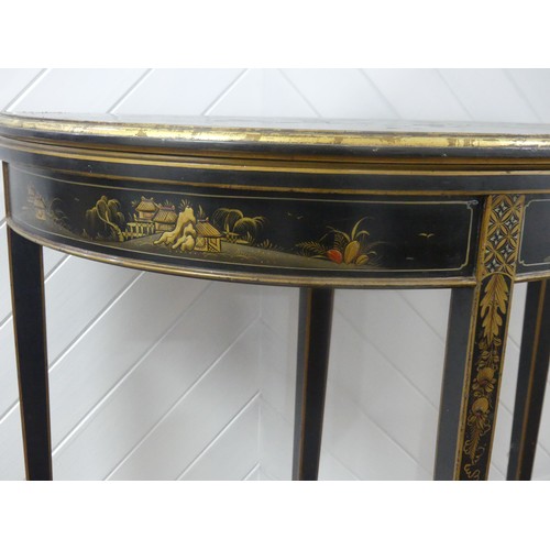 548 - An early 20th century Chinoiserie demi lune card Table, black lacquered and painted gilt decorations... 