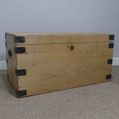 552 - An antique stripped pine and iron bound Blanket Box, W 92 cm x H 48.5 cm x D 49 cm.