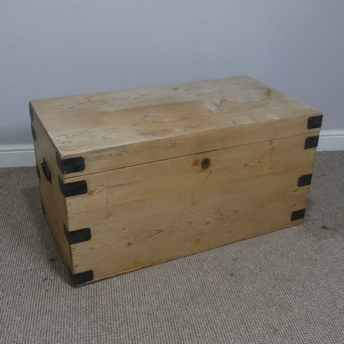 552 - An antique stripped pine and iron bound Blanket Box, W 92 cm x H 48.5 cm x D 49 cm.