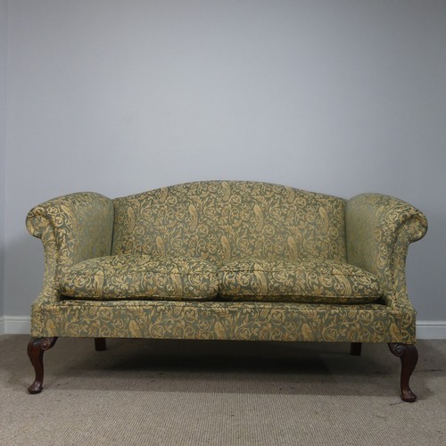 557 - An antique George III style upholstered scroll end two-seater Sofa, raised on carved cabriole legs, ... 