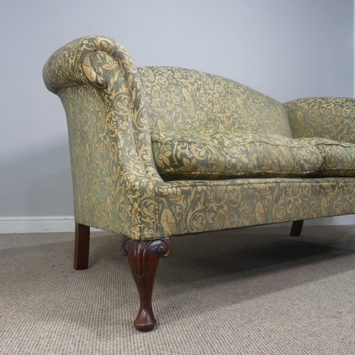 557 - An antique George III style upholstered scroll end two-seater Sofa, raised on carved cabriole legs, ... 