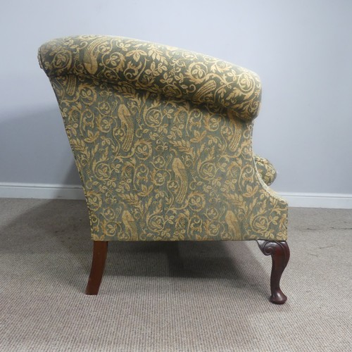 557 - An antique George III style upholstered scroll end two-seater Sofa, raised on carved cabriole legs, ... 