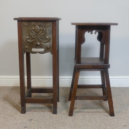 560 - An Arts and Crafts oak and copper Plant Stand, of square proportions, top over four embossed stylise... 